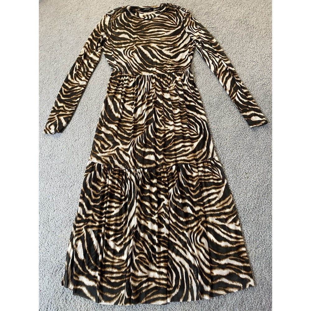 Tiger Print Tiered Mesh Maxi Dress Sz M Swimwear Cover Up Brown Beige Safari - Picture 4 of 11